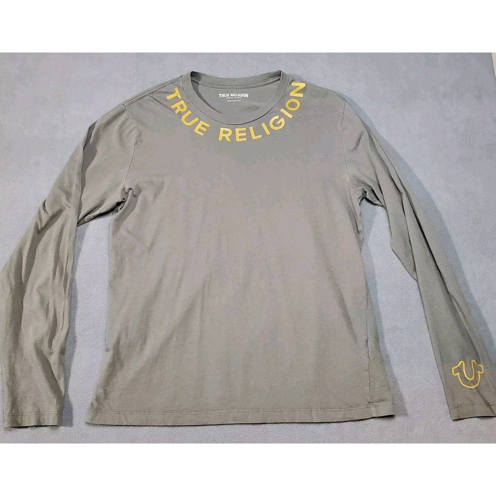 True Religion Shirt Mens Large Gray Spellout Roots Crew Neck Long Sleeve